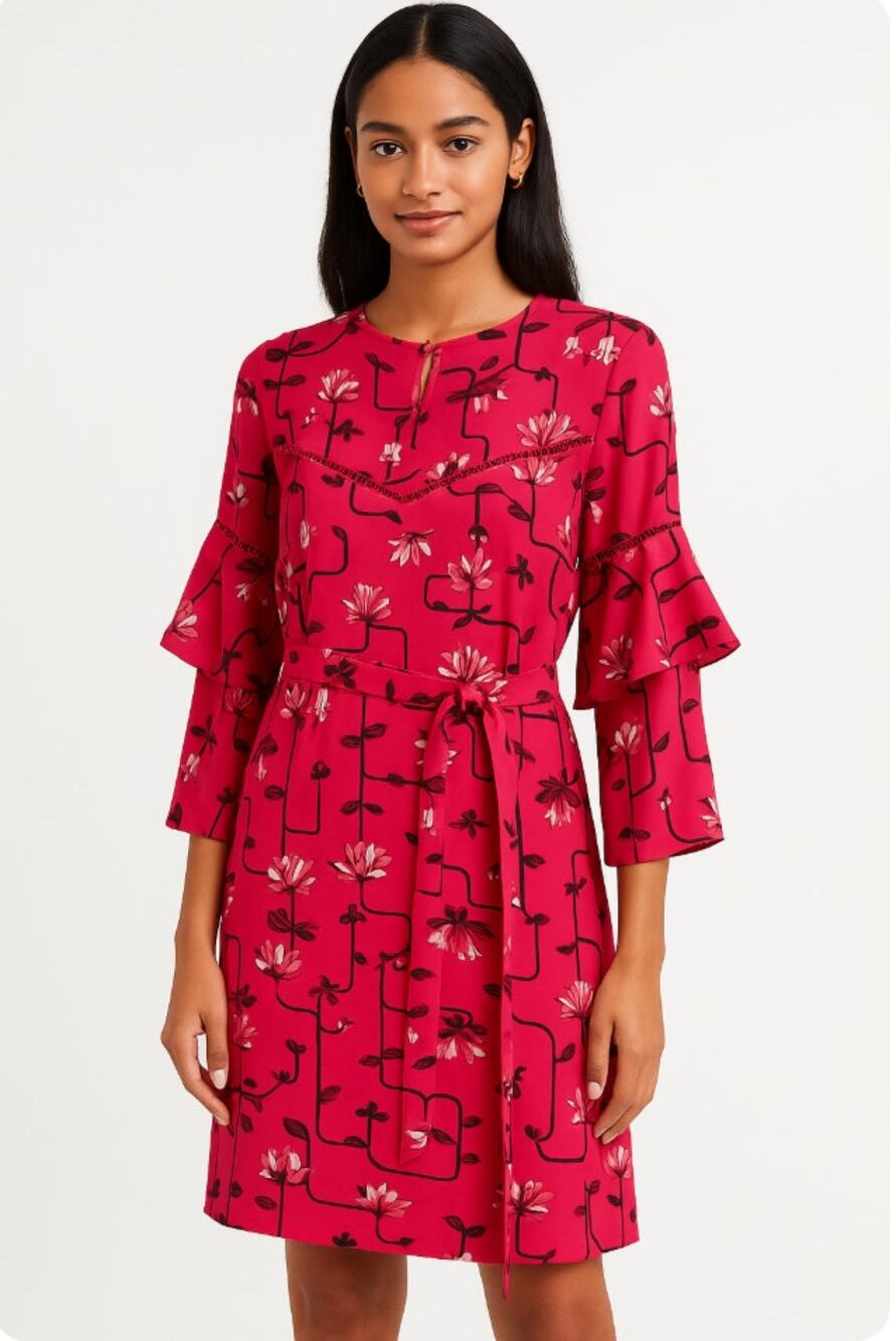 Ann Taylor Floral Shift Dress Womens 4 Hot Pink Tiered Ruffle Sleeve Lined Work